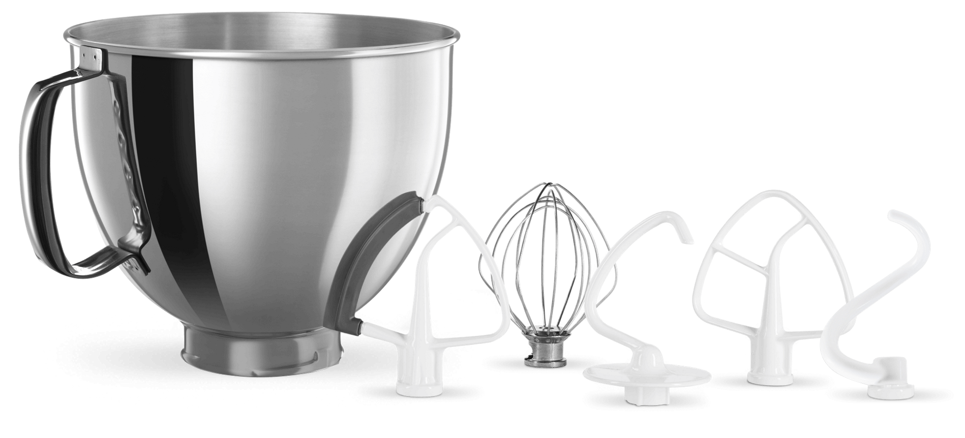 Picture of whip, beater, dough hook and stainless steel bowl.