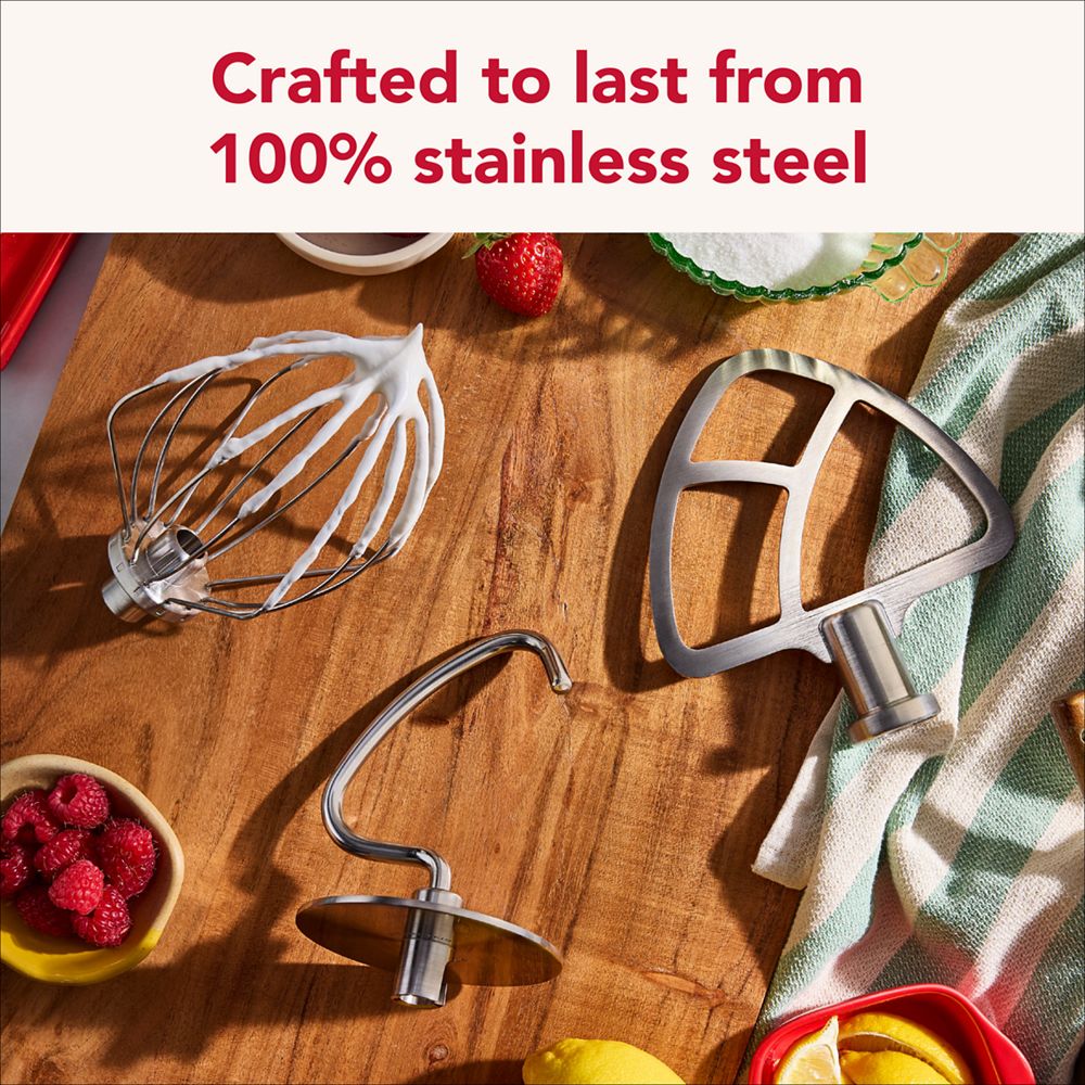 Durable stainless steel 3-piece accessory set with dough hook, flat beater, and wire whip for select KitchenAid® tilt-head stand mixers.