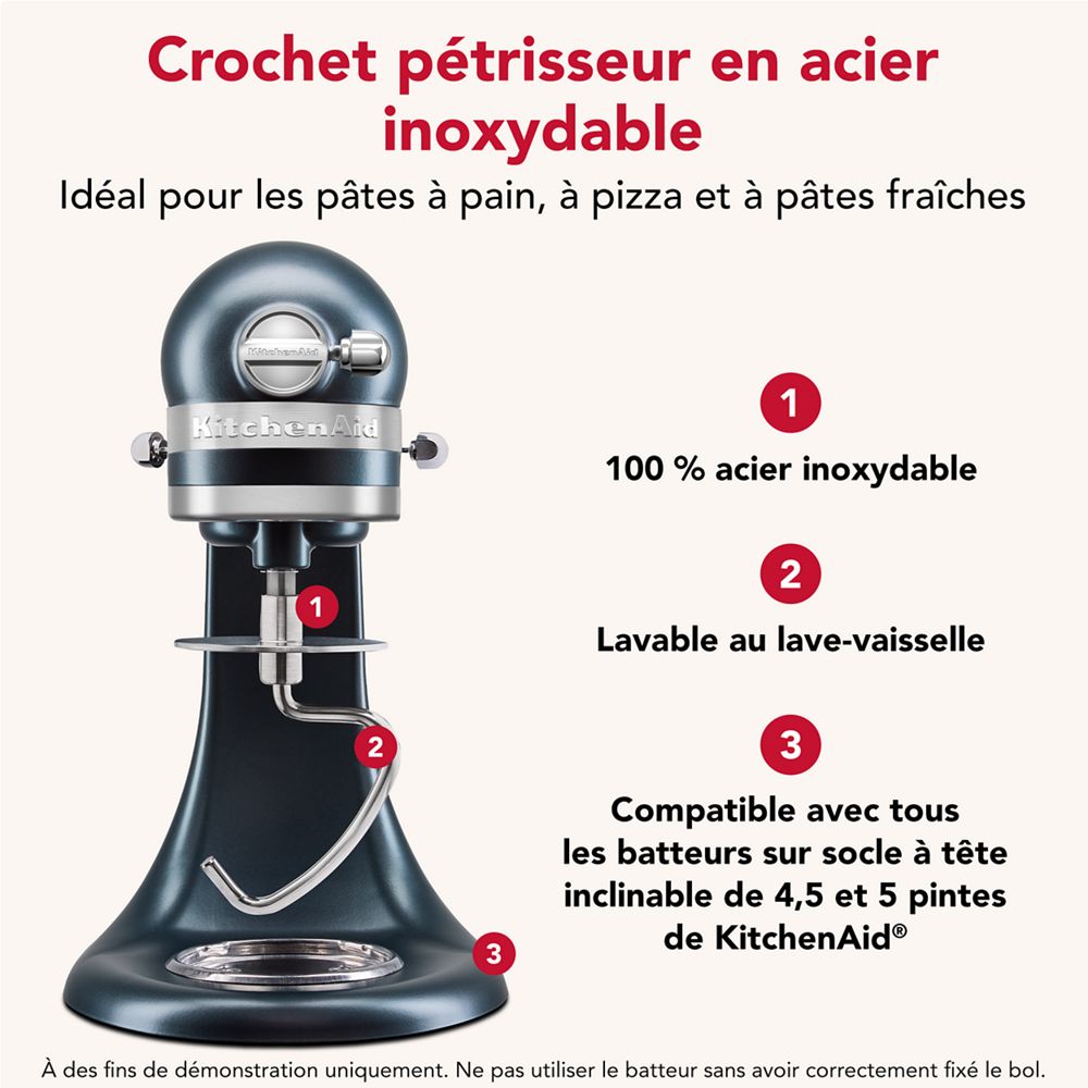 Crochet pétrisseur en acier inoxydable durable pour certains batteurs sur socle KitchenAid® à tête inclinable
