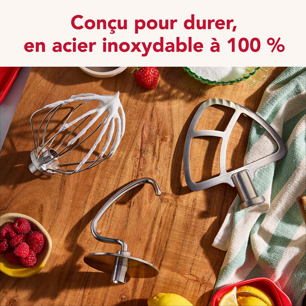 Ensemble d’accessoires de 3 pièces en acier inoxydable durable se composant d’un crochet pétrisseur, d’un batteur plat et d’un fouet à fils métalliques pour certains batteurs sur socle à tête inclinable KitchenAid®.