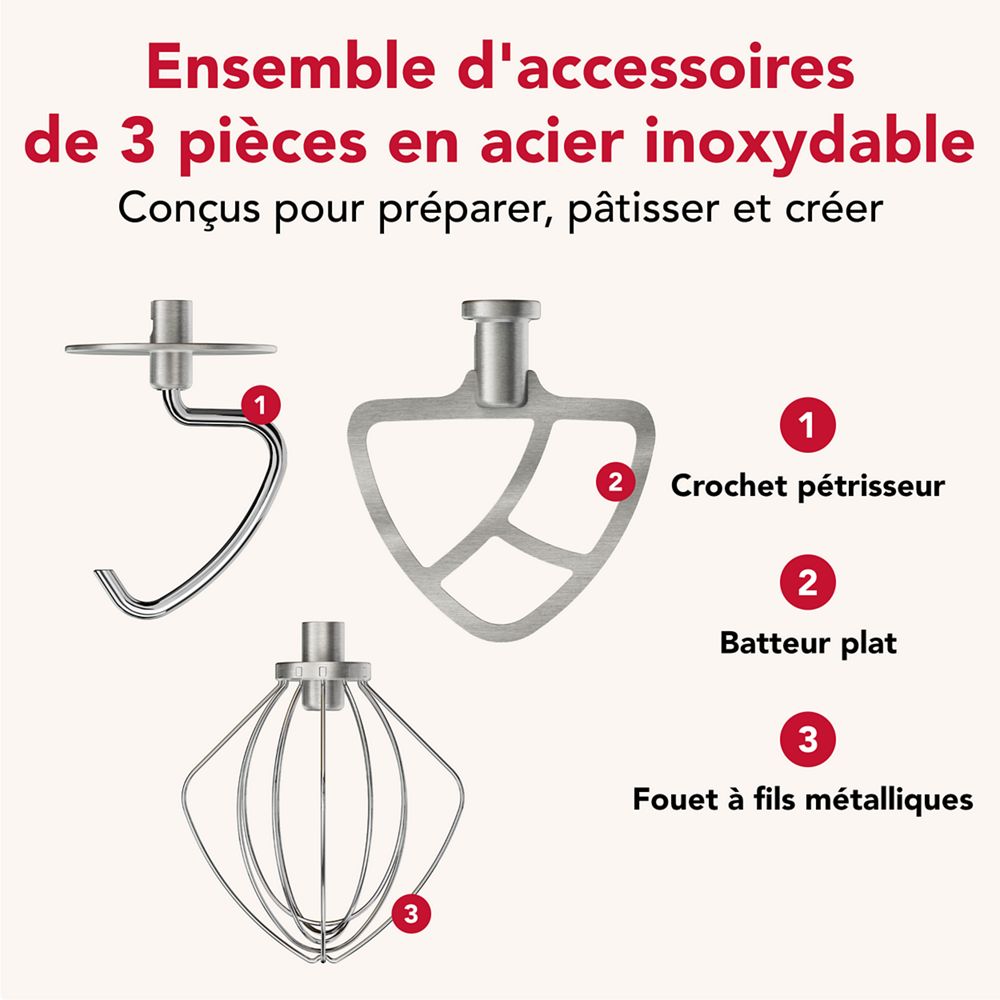 Ensemble d’accessoires de 3 pièces en acier inoxydable durable se composant d’un crochet pétrisseur, d’un batteur plat et d’un fouet à fils métalliques pour certains batteurs sur socle à tête inclinable KitchenAid®.