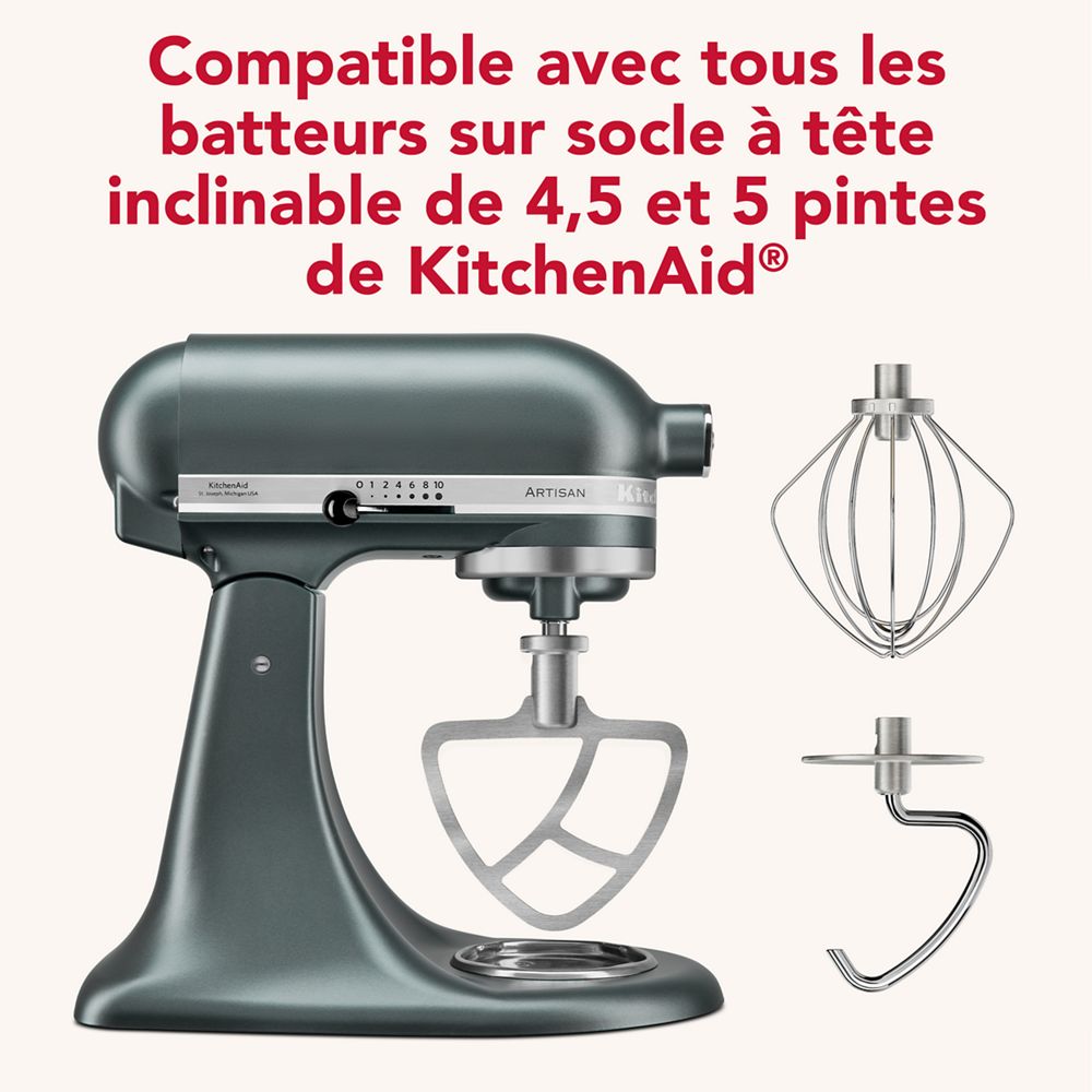 Ensemble d’accessoires de 3 pièces en acier inoxydable durable se composant d’un crochet pétrisseur, d’un batteur plat et d’un fouet à fils métalliques pour certains batteurs sur socle à tête inclinable KitchenAid®.