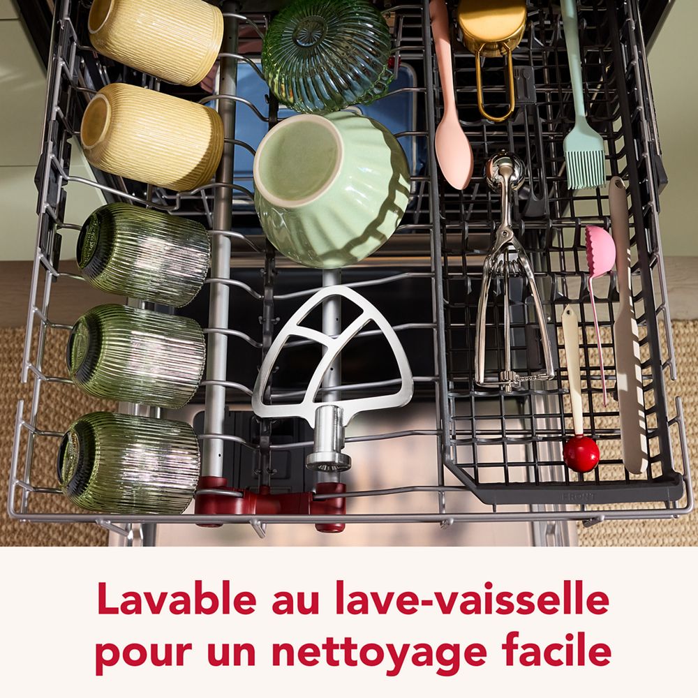 Ensemble d’accessoires de 3 pièces en acier inoxydable durable se composant d’un crochet pétrisseur, d’un batteur plat et d’un fouet à fils métalliques pour certains batteurs sur socle à tête inclinable KitchenAid®.